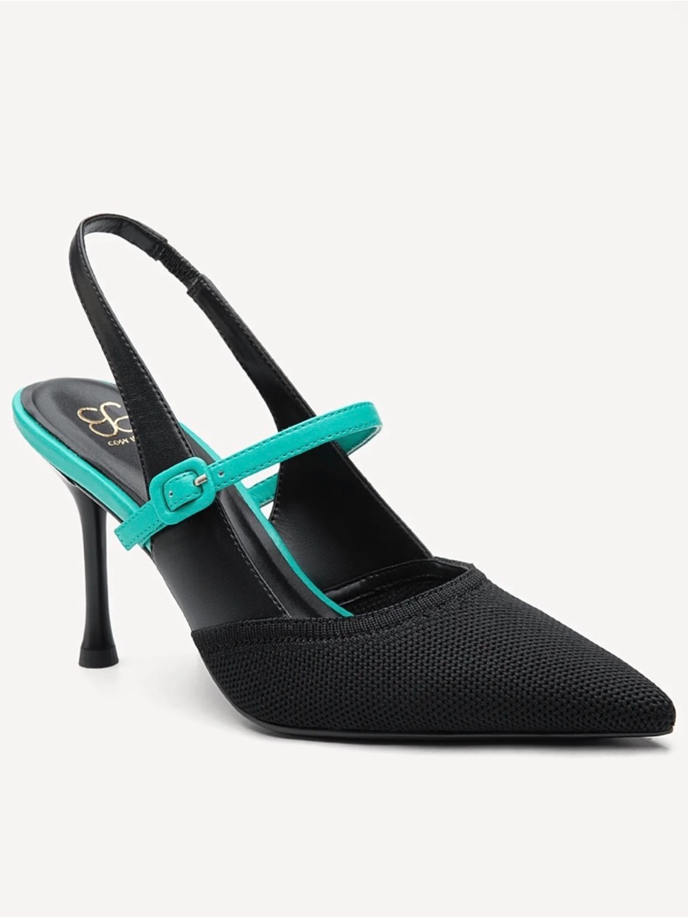 Cozy Island Slingback Pointed-Toe Heels in Black with Teal Straps
